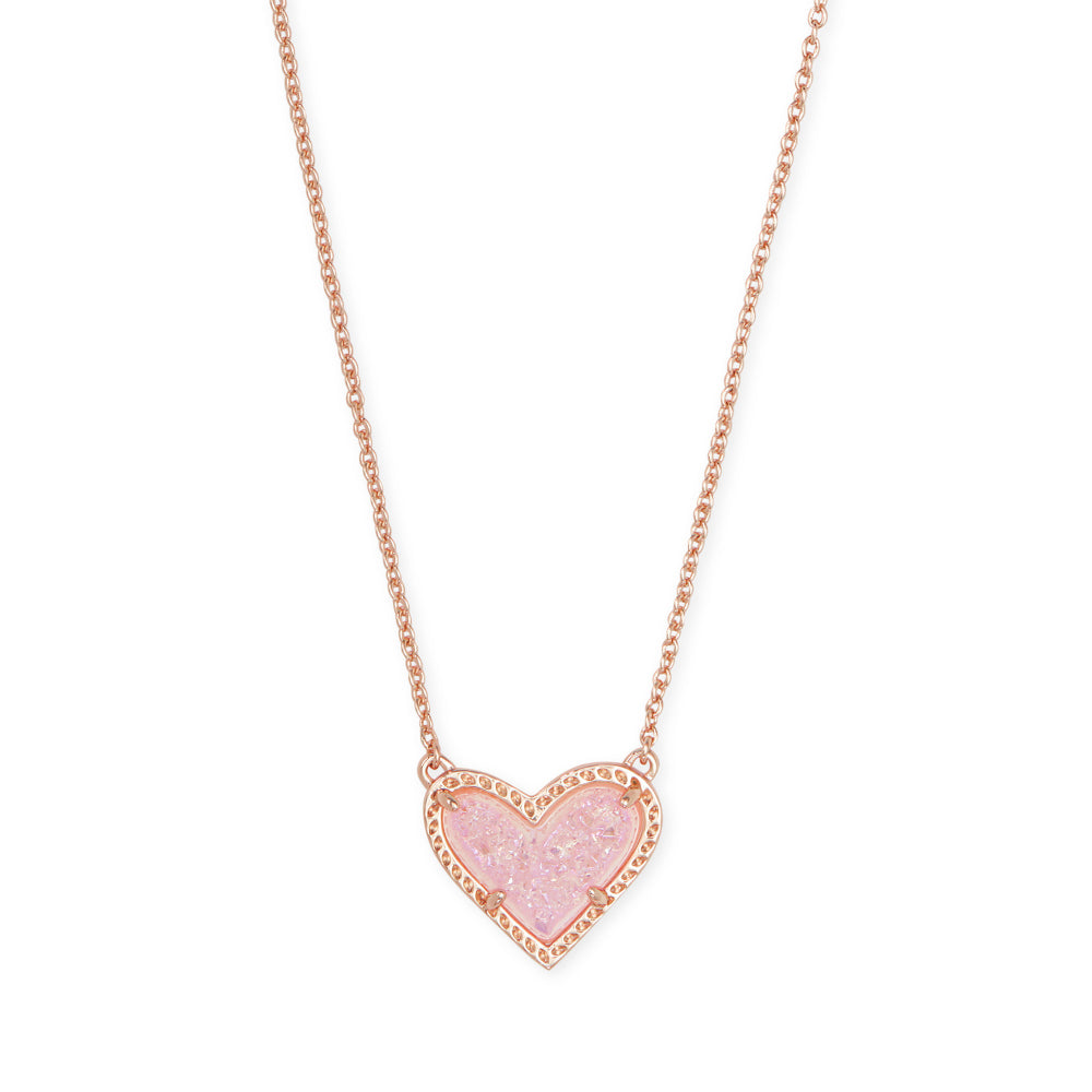 Kendra Scott Ari Heart Short Pendant Necklace Rose Gold Pink Drusy