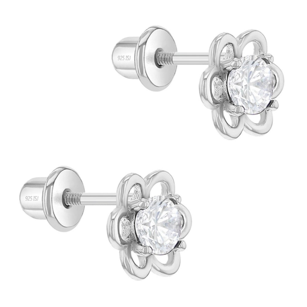 Children's Sterling Silver Solitaire Flower Clear CZ Earrings