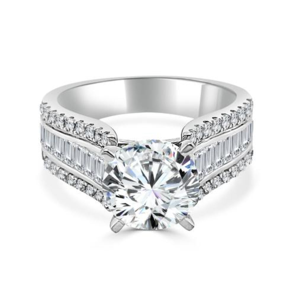 14k Baguette and Round Diamond Cathedral Engagement Ring