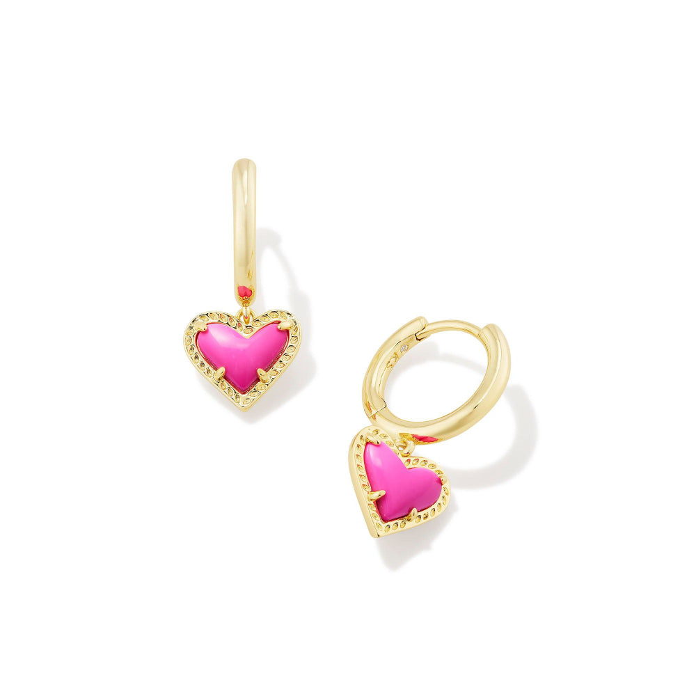 Kendra Scott Ari Gold Heart Huggie Earrings in Neon Pink Magnesite