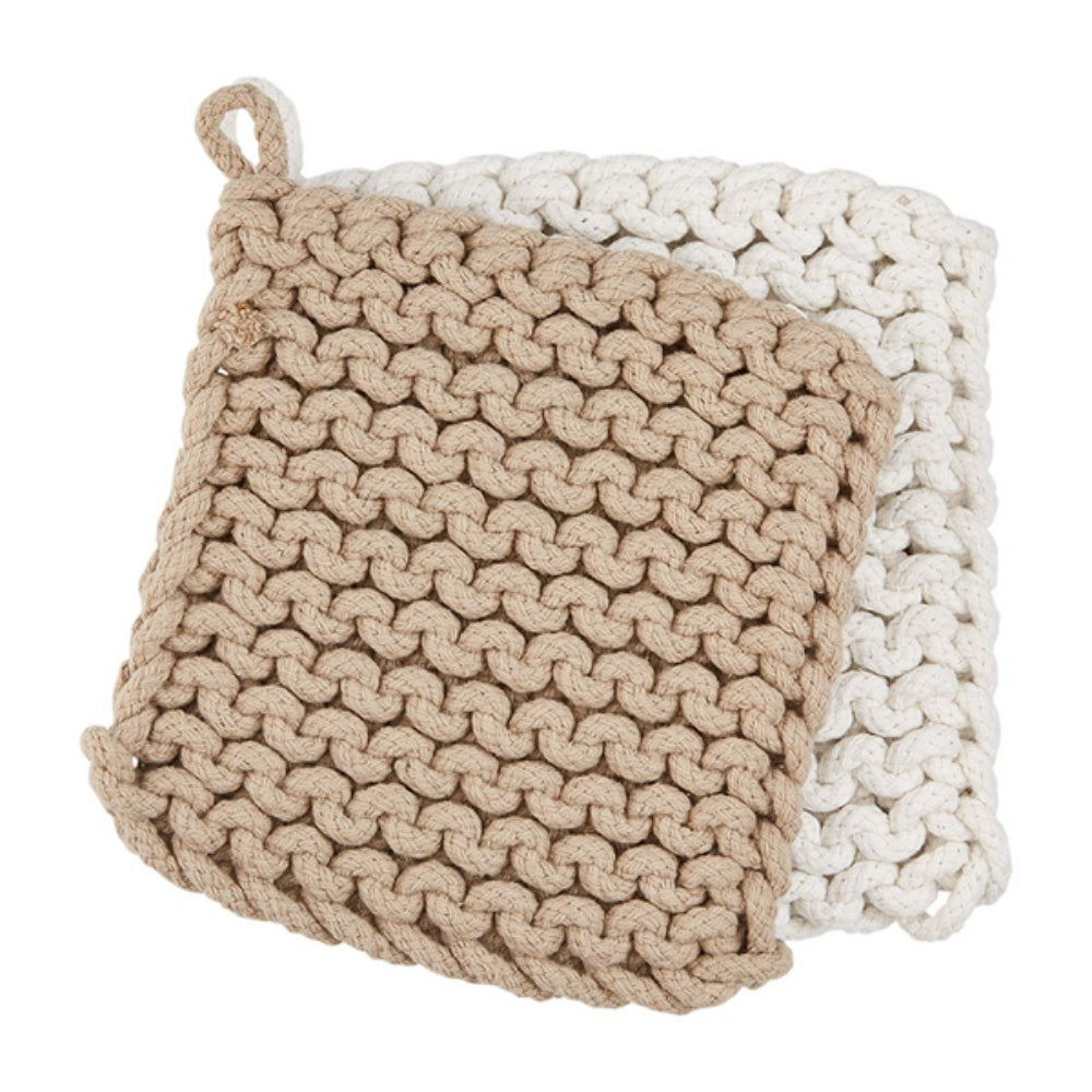 Mud Pie Taupe And White Crochet Pot Holder Set