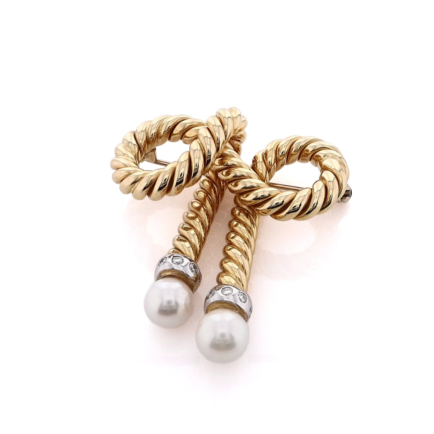 Estate 18 Karat Yellow Gold Knotted Rope Design Pearl and Diamond Pin