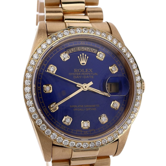 Estate Rolex 18 Karat Yellow Gold Gents Day-Date Custom Royal Blue Diamond Dial Custom Bezel 18238 With Box and Original Dial and BezelCirca 1989