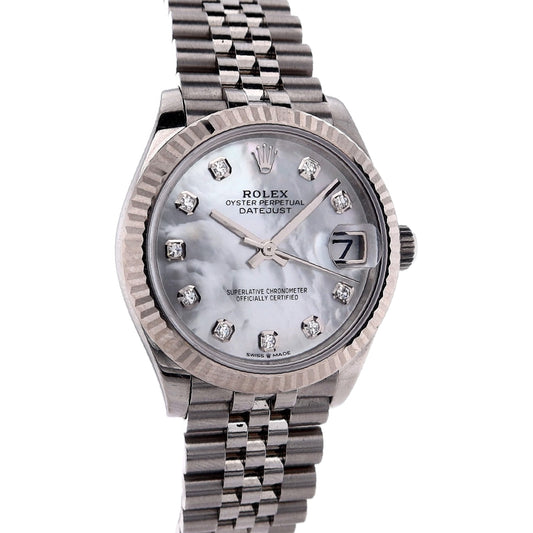 Estate Rolex Oystersteel and 18k Gold Ladies Oyster Perpetual Datejust White Mother of Pearl Diamond Dial C.2022