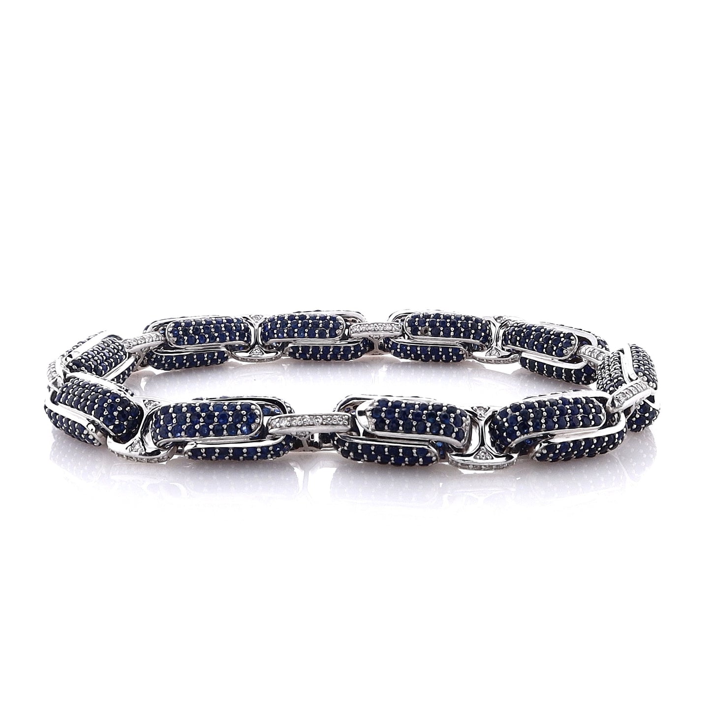 Estate 14k White Gold Link Style Sapphire Gemstone Bracelet With Diamonds on Bars