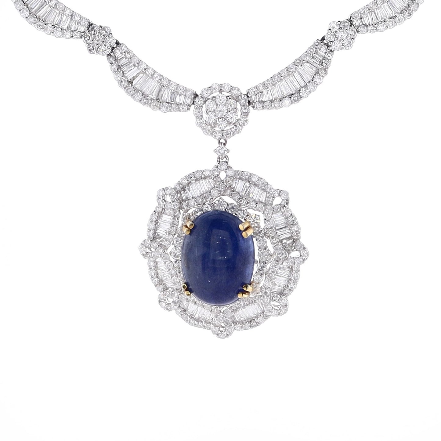 Estate 18k White Gold Star Sapphire and Diamond Scallop Design 16" Necklace