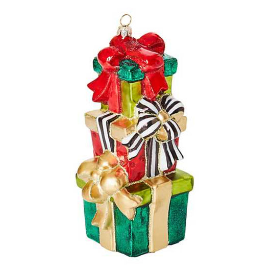 MacKenzie-Childs Cozy Christmas Stacked Gifts Glass Ornament