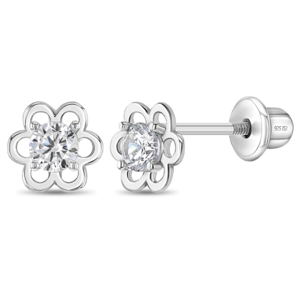 Children's Sterling Silver Solitaire Flower Clear CZ Earrings