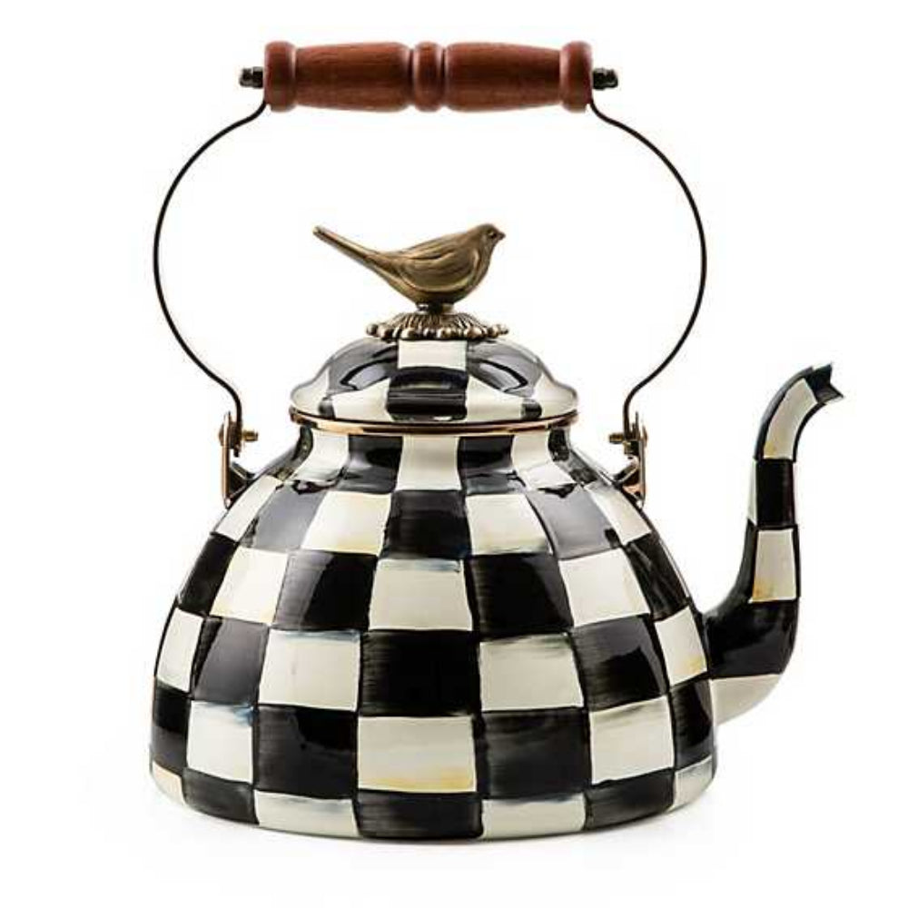 MacKenzie-Childs Courtly Check Enamel Tea Kettle With Bird