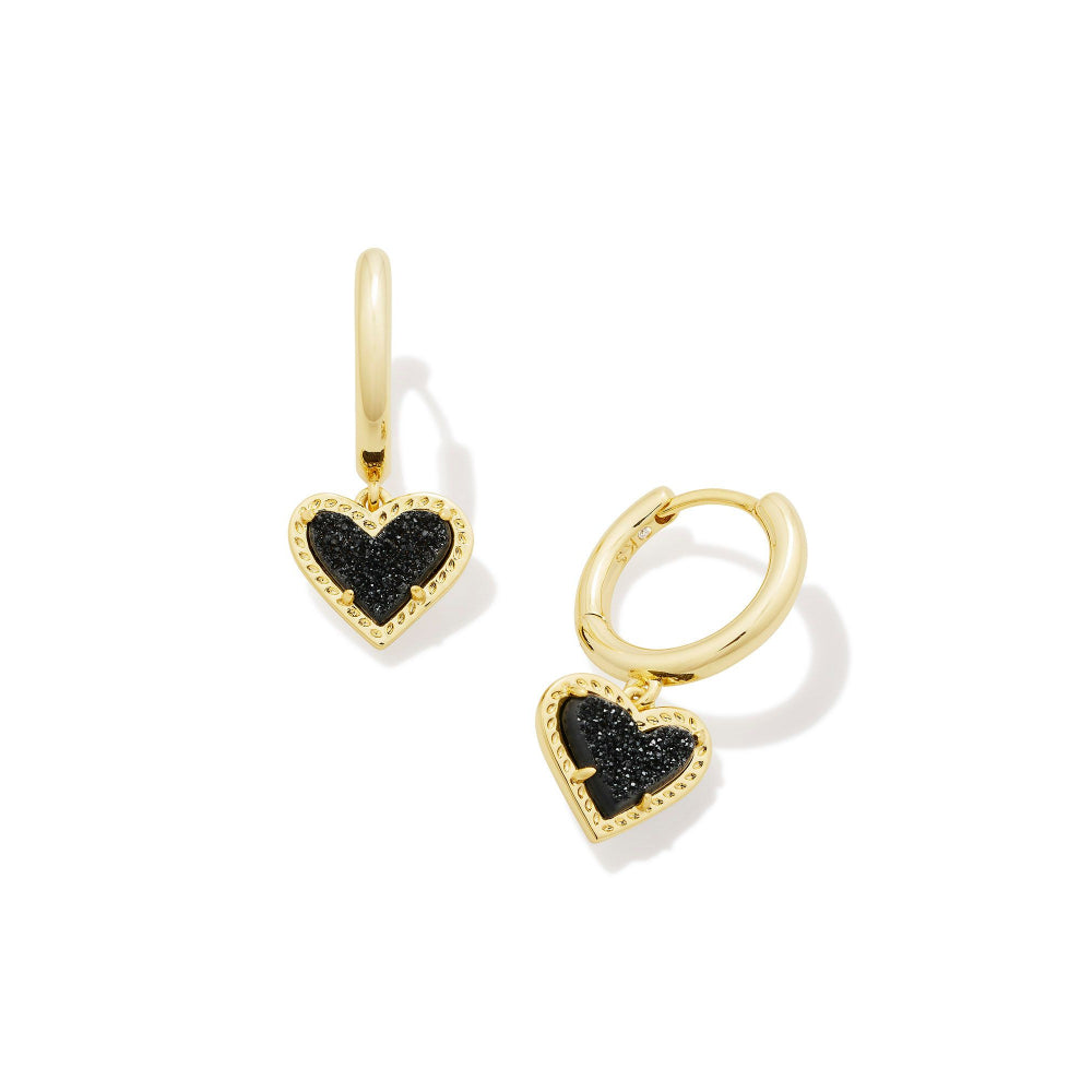 Kendra Scott Ari Gold Heart Huggie Earrings in Black Drusy