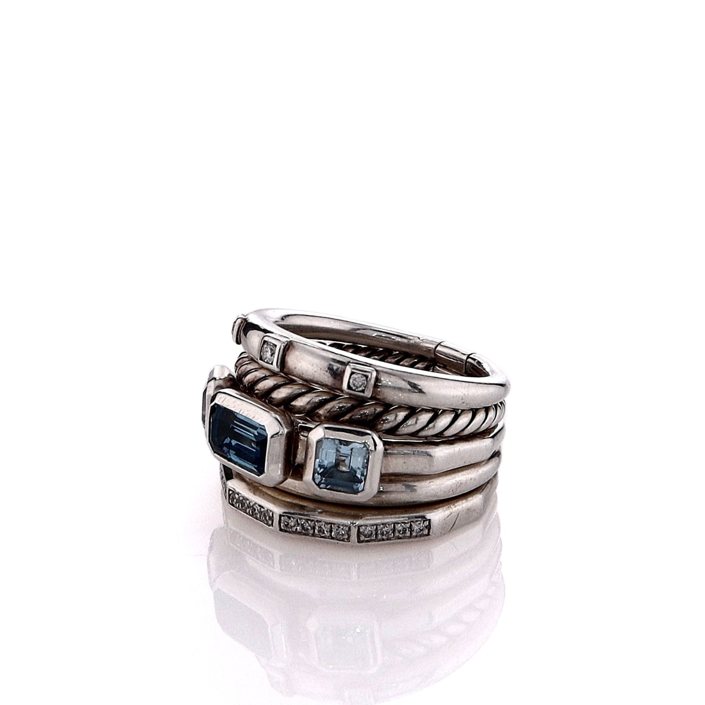 Estate David Yurman Sterling Silver Stax 5 Row Blue Topaz and Diamond Ring