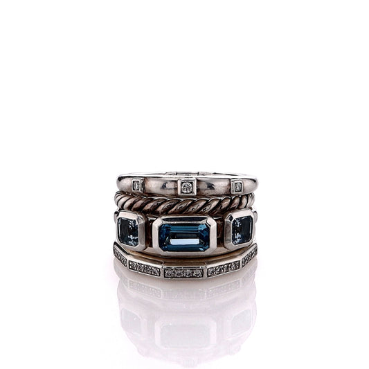 Estate David Yurman Sterling Silver Stax 5 Row Blue Topaz and Diamond Ring