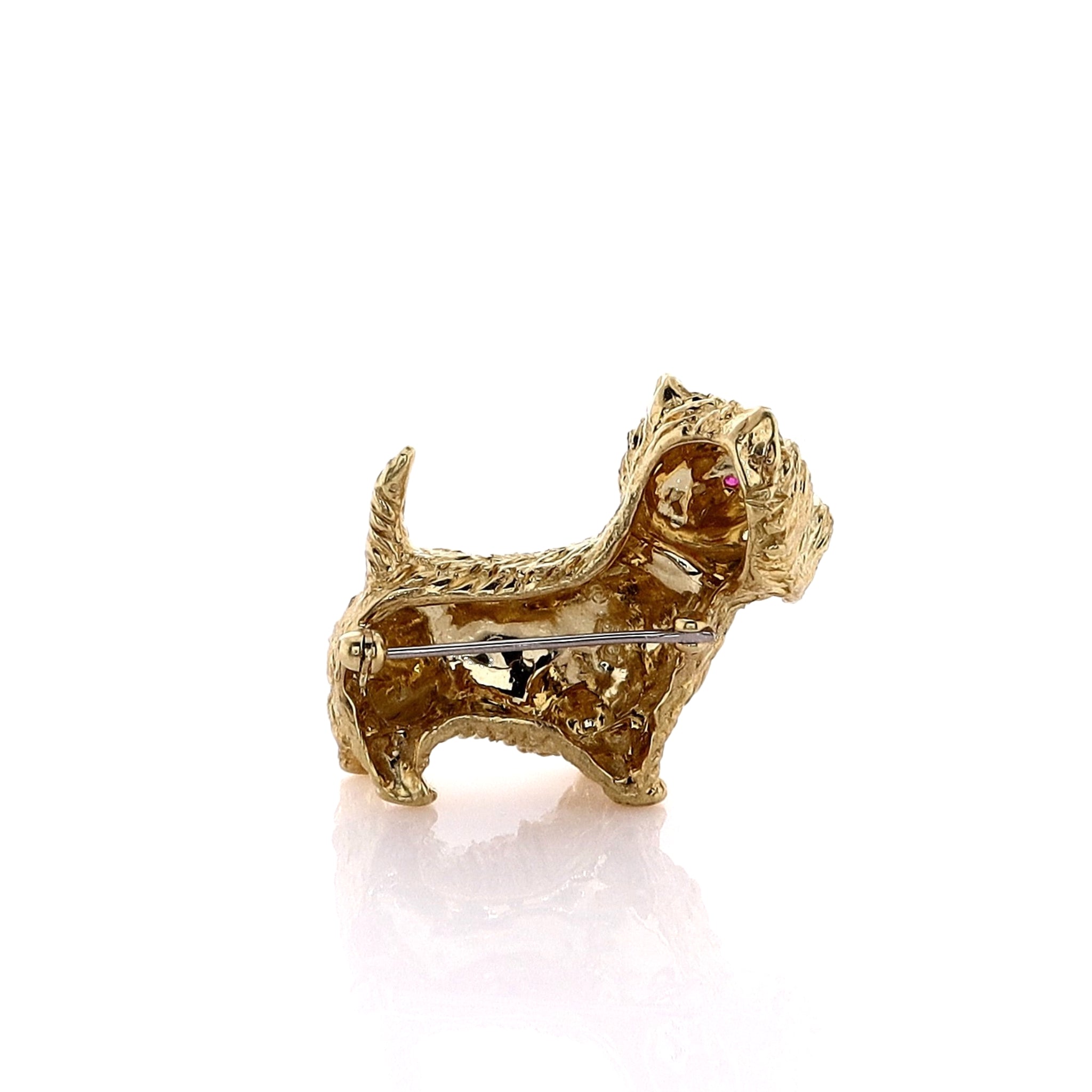 Estate 18K Yellow Gold Round Ruby Eyed Scottie Dog Brooch