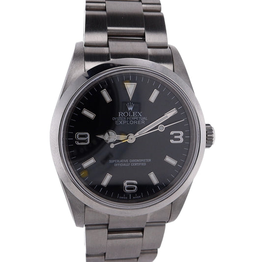 Estate Rolex Stainless Steel Gents Explorer Black Stick Dial 114270 With Card C.2003