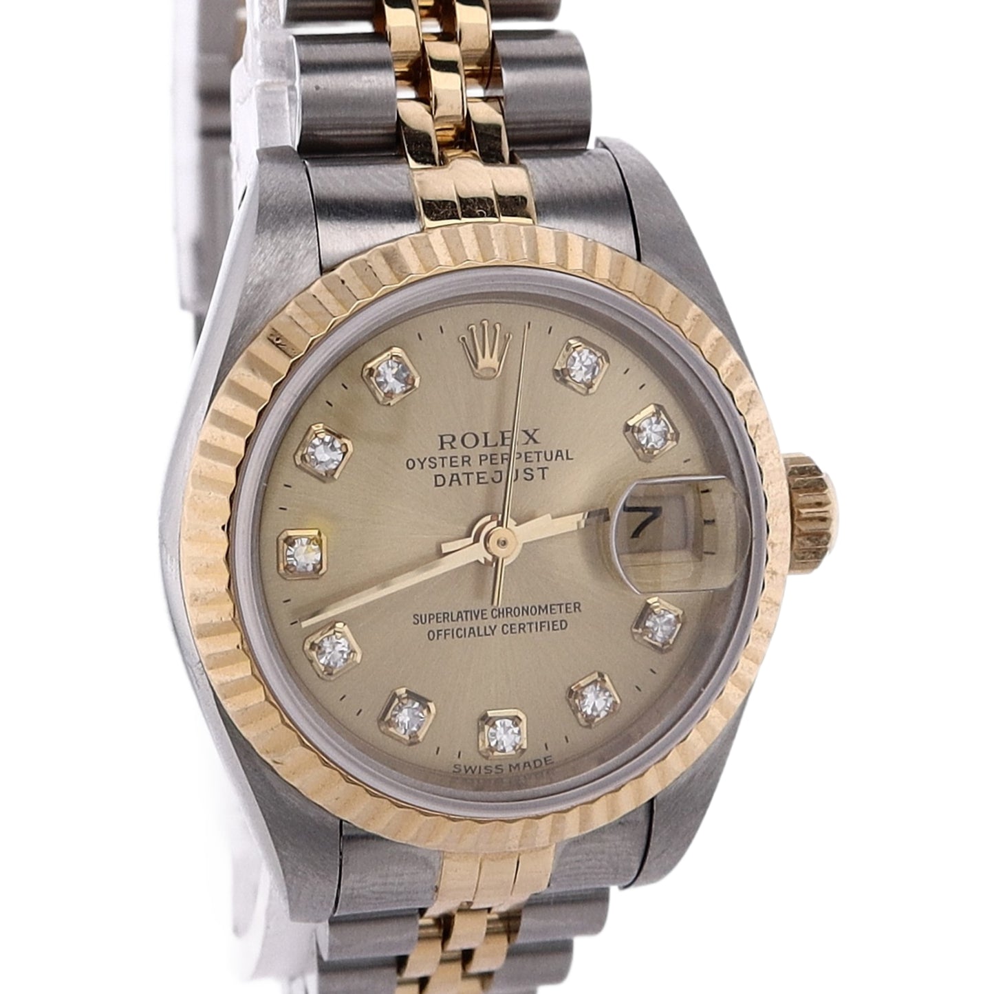 Estate Rolex Two-Tone Ladies Oyster Perpetual Date Just Champagne Diamond Dial 69173 C.1989