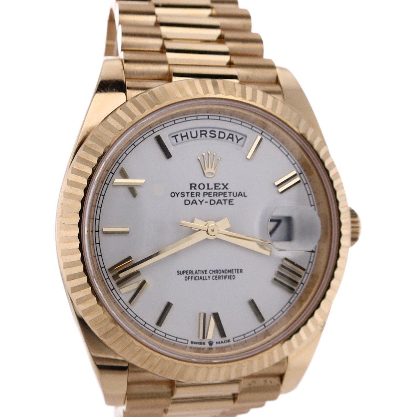 Estate Rolex 18 karat Yellow Gold Gents Oyster Perpetual Day-Date White Roman Dial Fluted Bezel President Bracelet 228238 Random 2011+