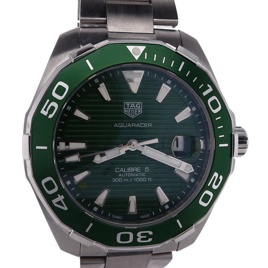 Estate Tag Heuer Stainless Steel Gents Aquaracer Green Dial Green Bezel Calibre 5 Automatic WAY201S Brushed Bracelet With Box