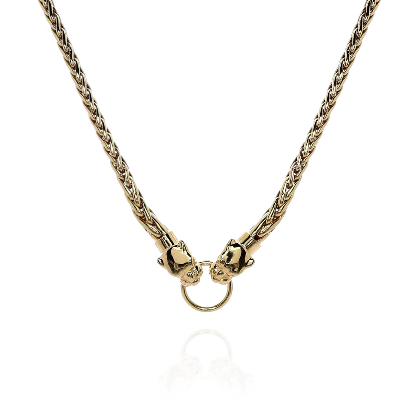 Estate 14k Yellow Gold Polished Panther Heads Wheat Chain Necklace