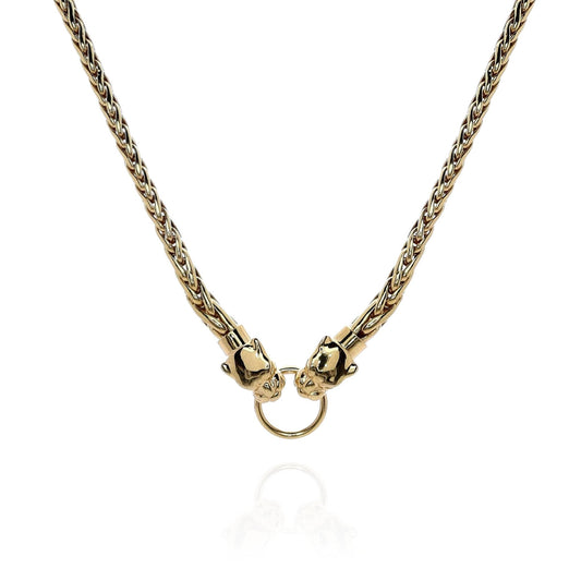 Estate 14k Yellow Gold Polished Panther Heads Wheat Chain Necklace