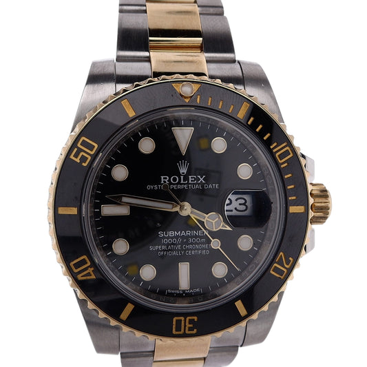 Estate Rolex Stainless Steel and 18 Karat Yellow Gold 40mm Oyster Perpetual Date Submariner Black Dial Black Ceramic Bezel Oyster Bracelet 11613 With Card and Box C.2019