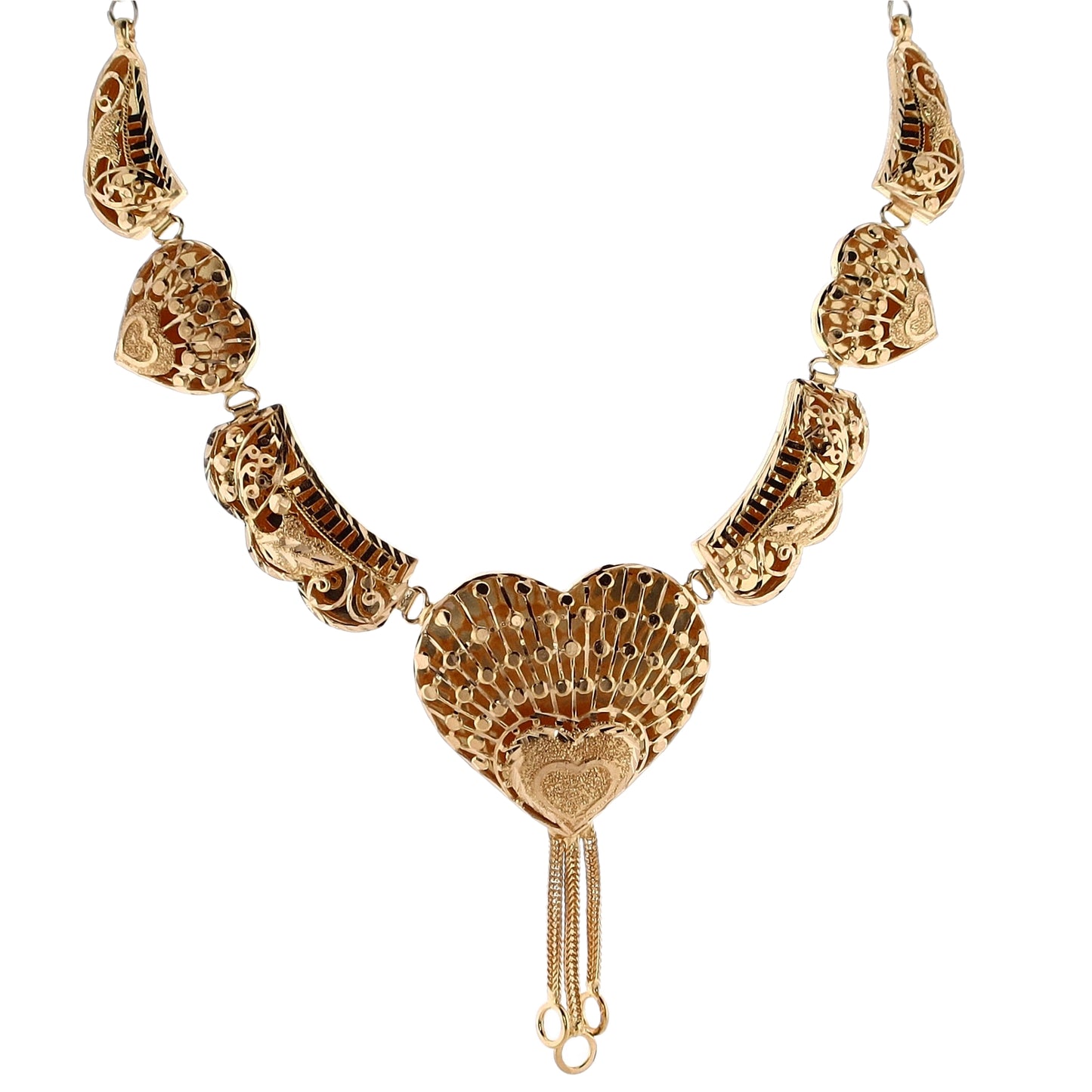 Estate 21 Karat Yellow Gold Ornate Diamond Cut Puffed Hearts with Dangle Cable Wire Necklace