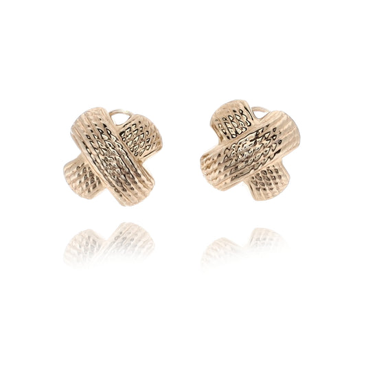 Estate 14 Karat Yellow Gold Textured "X" Design Omega Earrrings