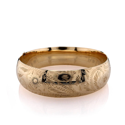 Estate 14k Yellow Gold Wide Paisley Engraved Hinged Bangle Bracelet