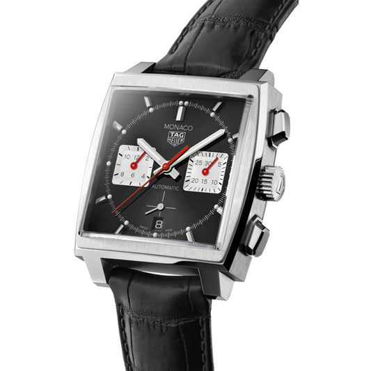 Tag Heuer Monaco Chronograph Watch - Black Dial and Alligator Leather Strap