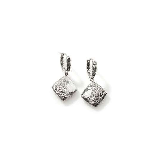 John Hardy Classic Chain Hammered Diamond Square Drop Earrings