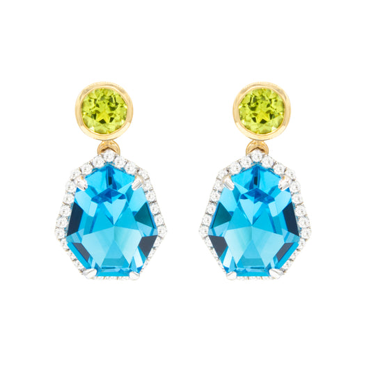 Bellari 14k Gold Blue Topaz and Perdiot Earrings with Diamonds