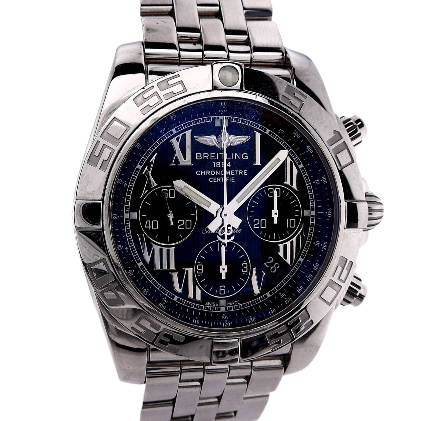 Estate Breitling Stainless Steel Roman Black Dial Automatic Chronograph Watch AB0110