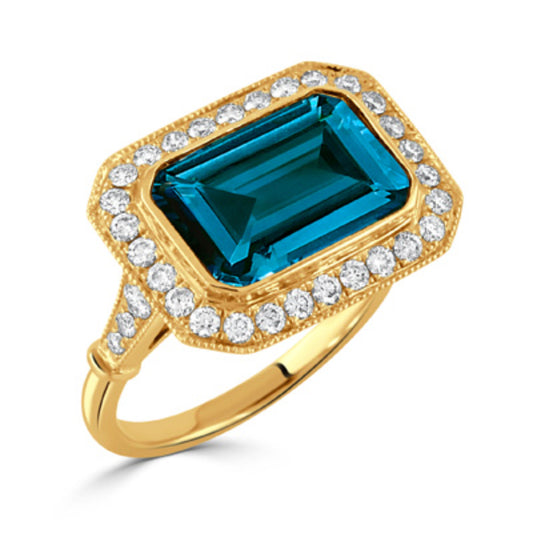 18k Gold London Blue Topaz and Diamond Ring