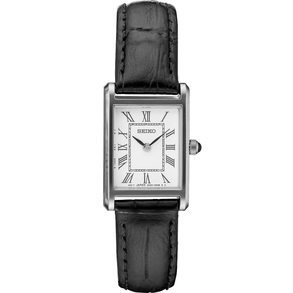 Seiko Essentials Ladies Analog White Dial, Black Leather Strap