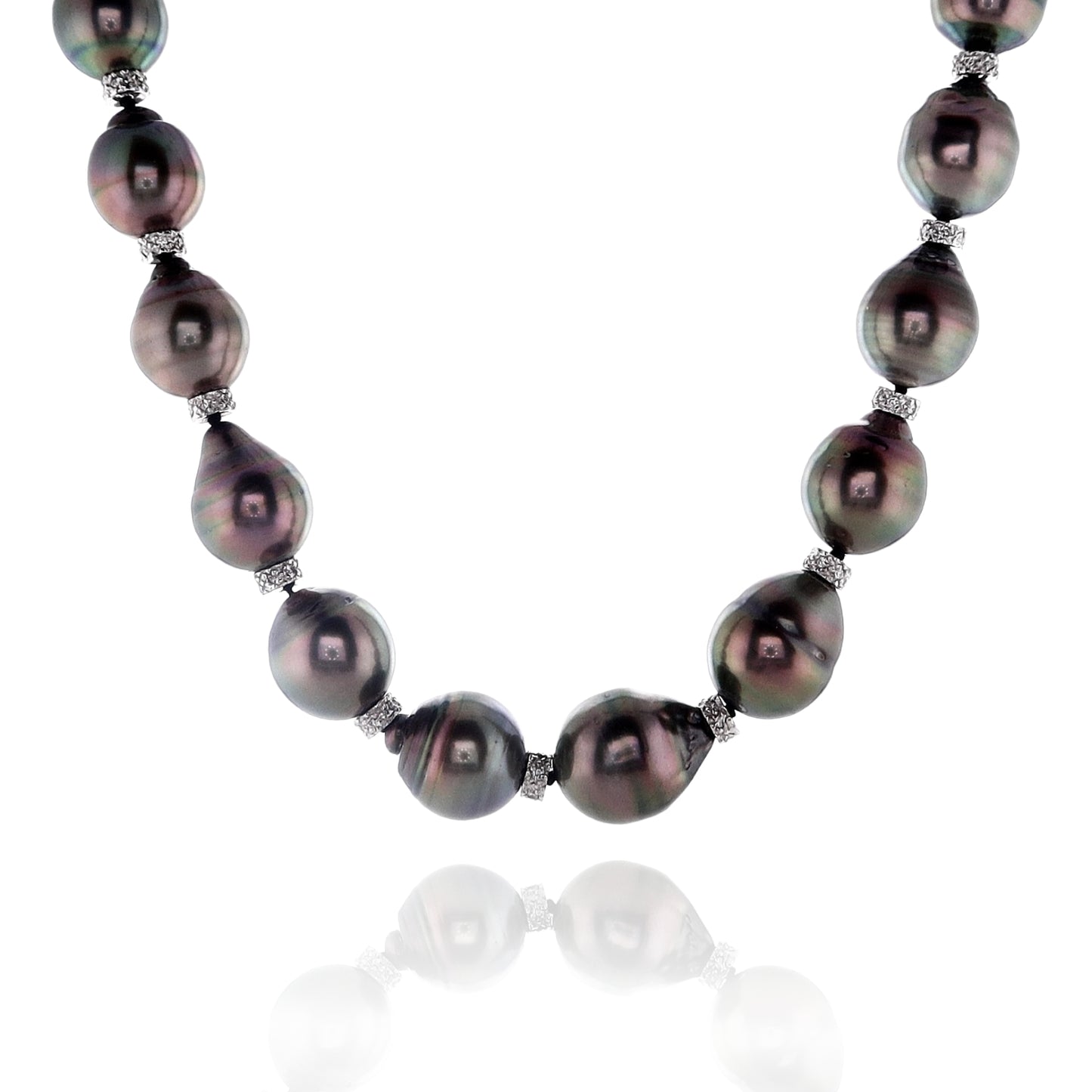 Estate 14k White Gold 19" Semi-Baroque Black Pearl and Diamond Necklace