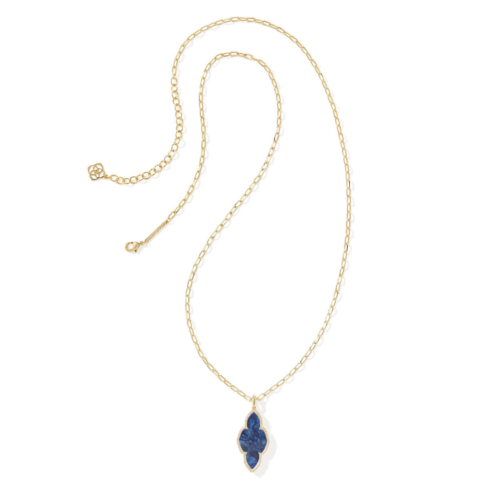 Kendra Scott Abbie Pave Frame Large Long Pendant Necklace Silver Ivory Mother of Pearl
