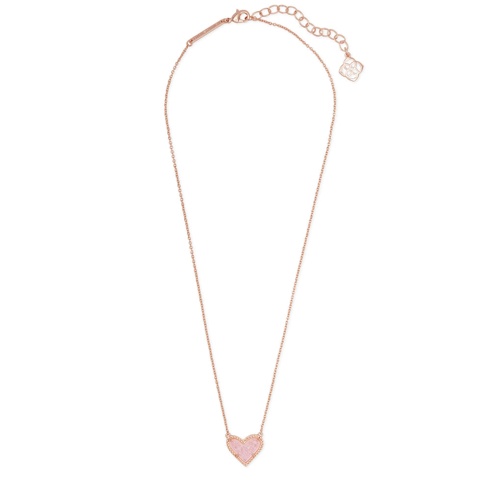 Kendra Scott Ari Heart Short Pendant Necklace Rose Gold Pink Drusy