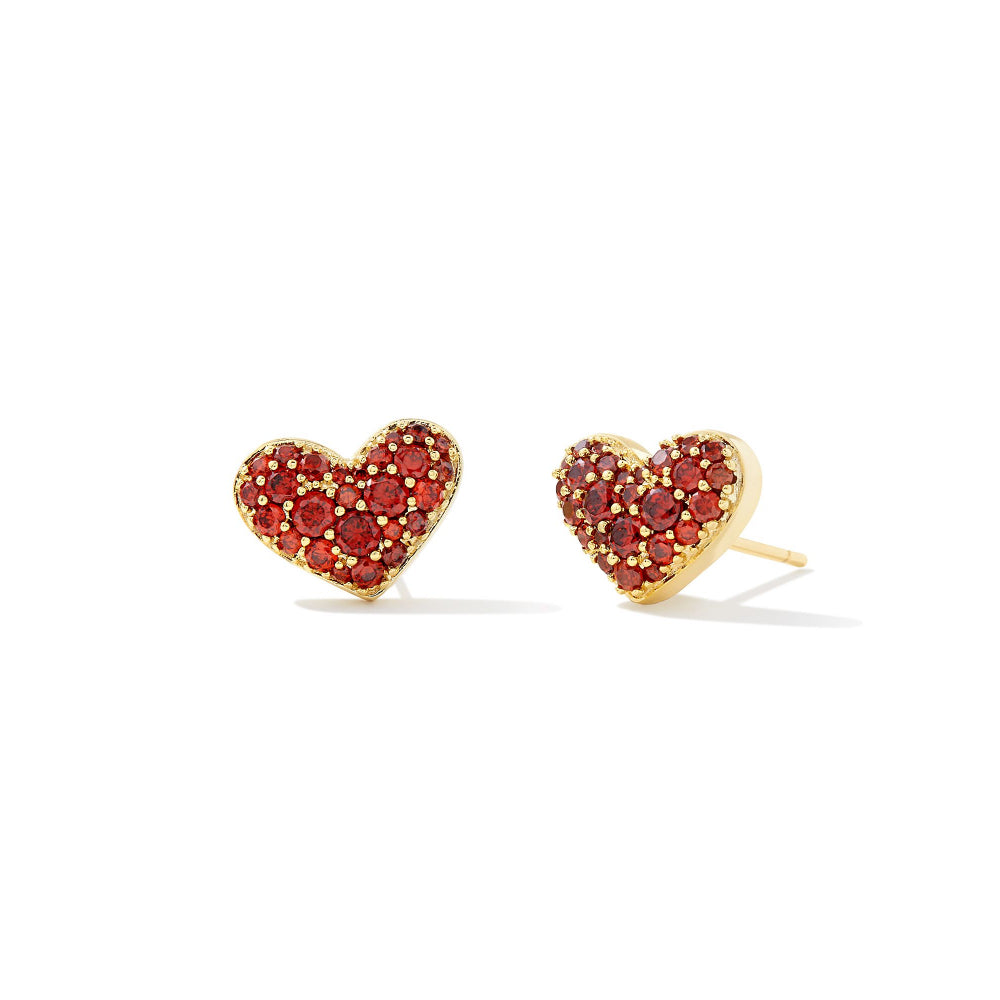 Kendra Scott Ari Pave Crystal Heart Gold Earring- Red Crystal