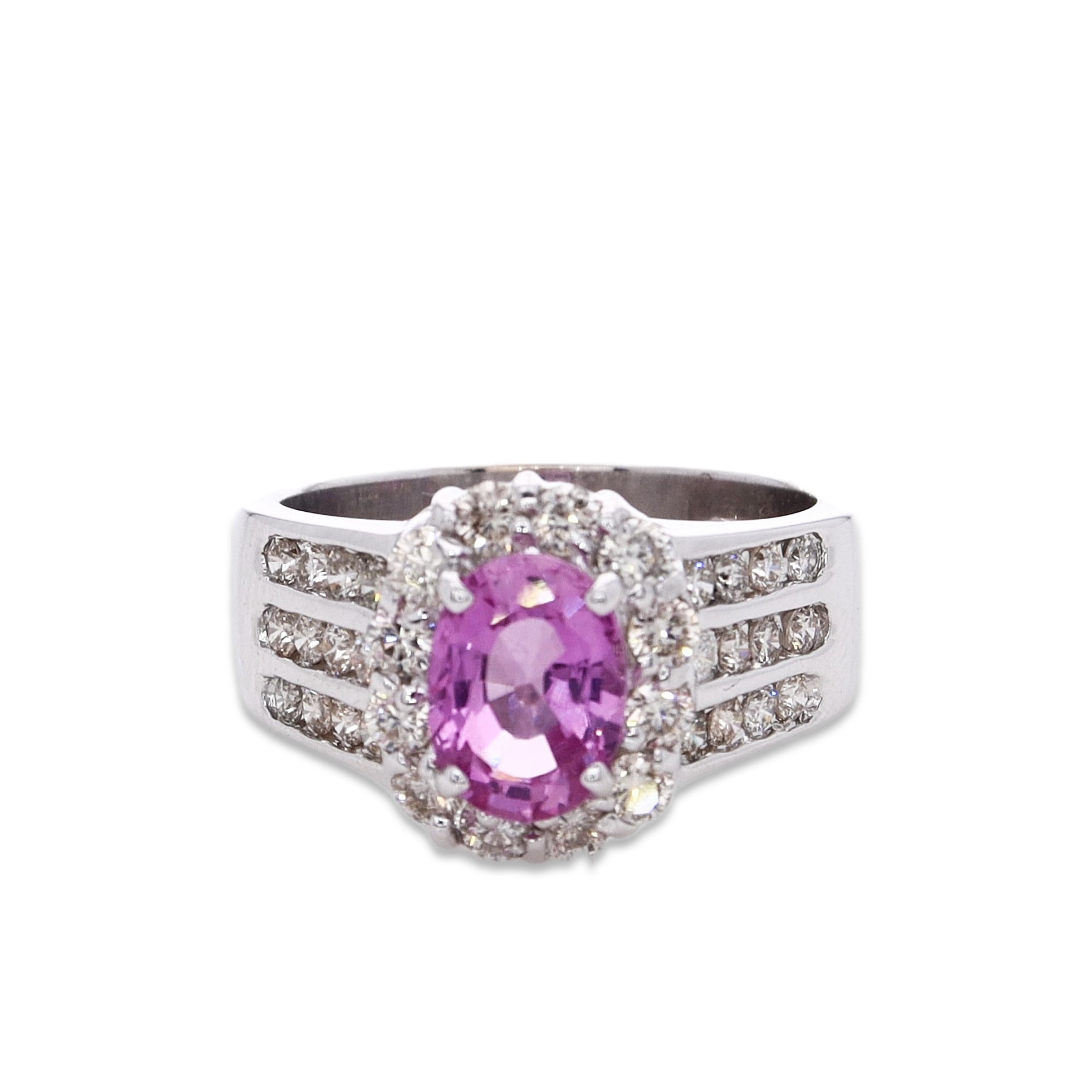 Estate Le Vian 18k White Gold Oval Pink Sapphire and Diamond Halo Ring Smyth Jewelers