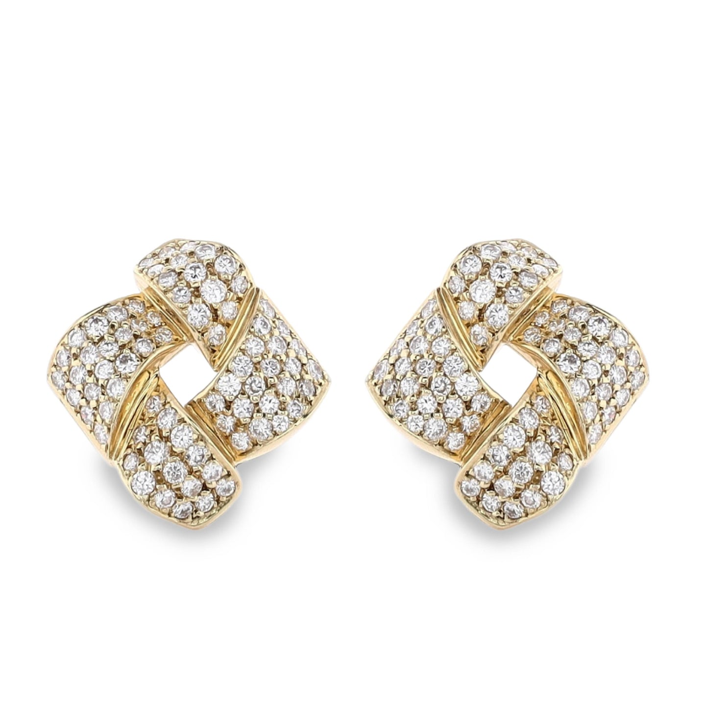 Estate 18k Yellow Gold Pave Diamond Knot Clip On Earrings