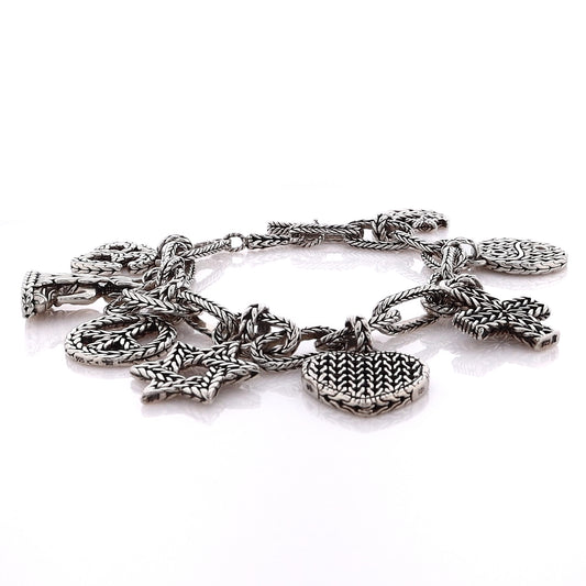 Estate John Hardy Sterling Silver Carved Chain Multi-Charm Bracelet