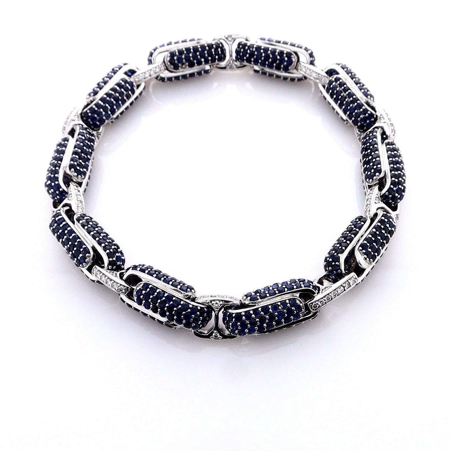 Estate 14k White Gold Link Style Sapphire Gemstone Bracelet With Diamonds on Bars