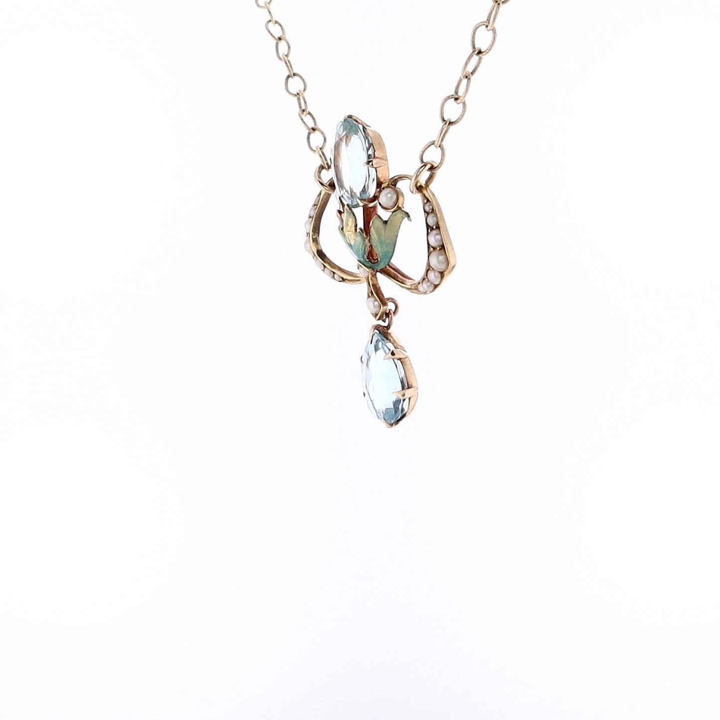 Estate 14 Karat Yellow Gold Aquamarine and Pearl Pendant Necklace