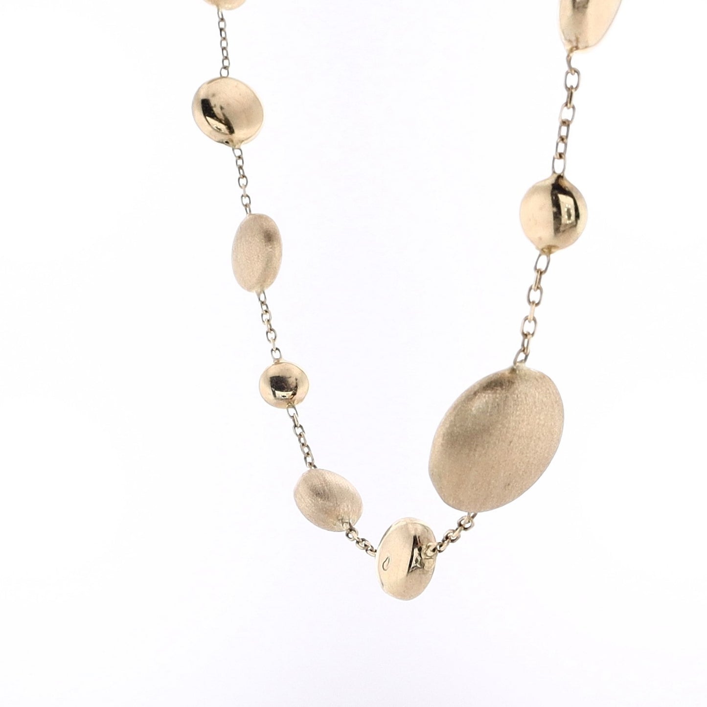 14 Karat Yellow Gold Assorted Round and Puff Matte and Polished Station Bead Necklace