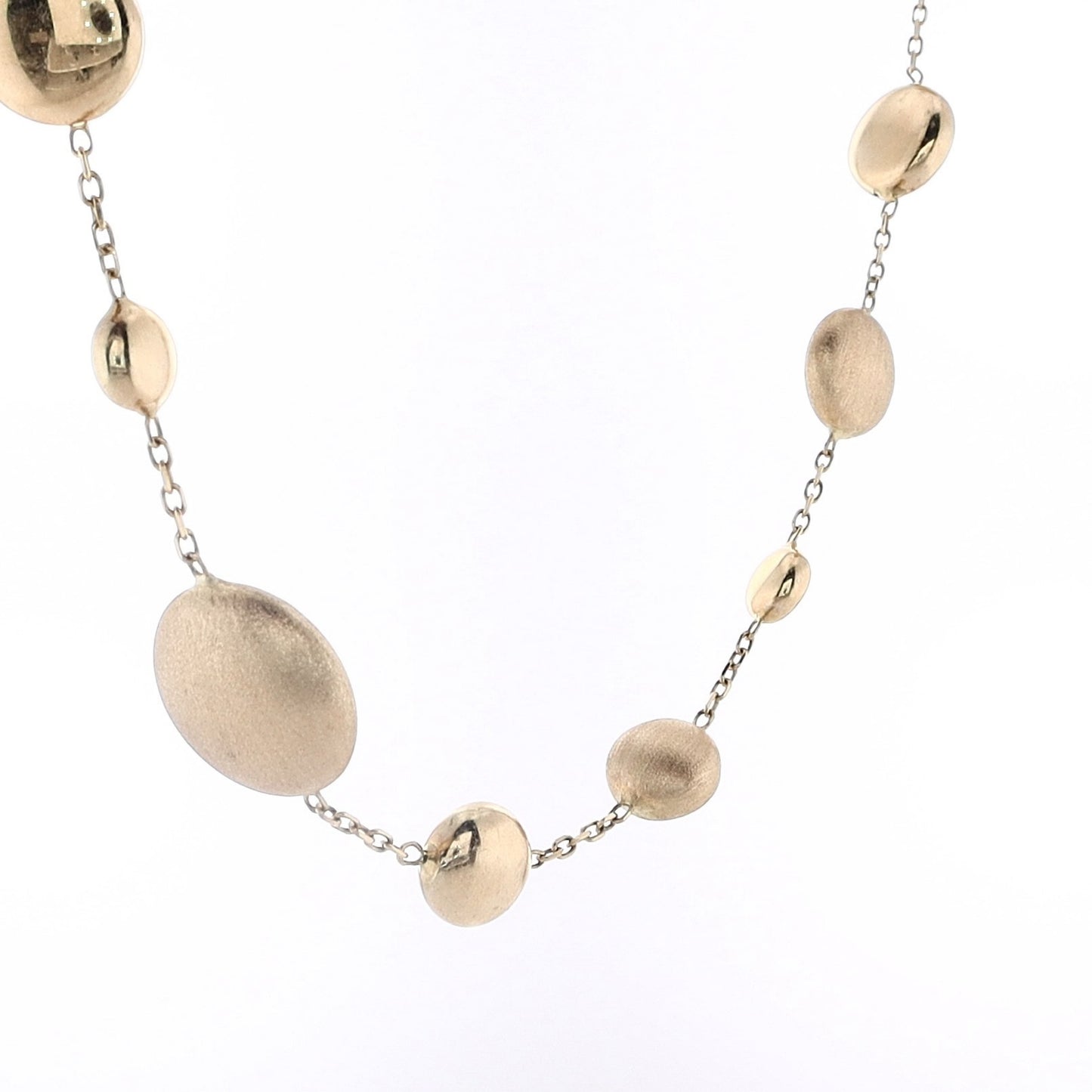 14 Karat Yellow Gold Assorted Round and Puff Matte and Polished Station Bead Necklace