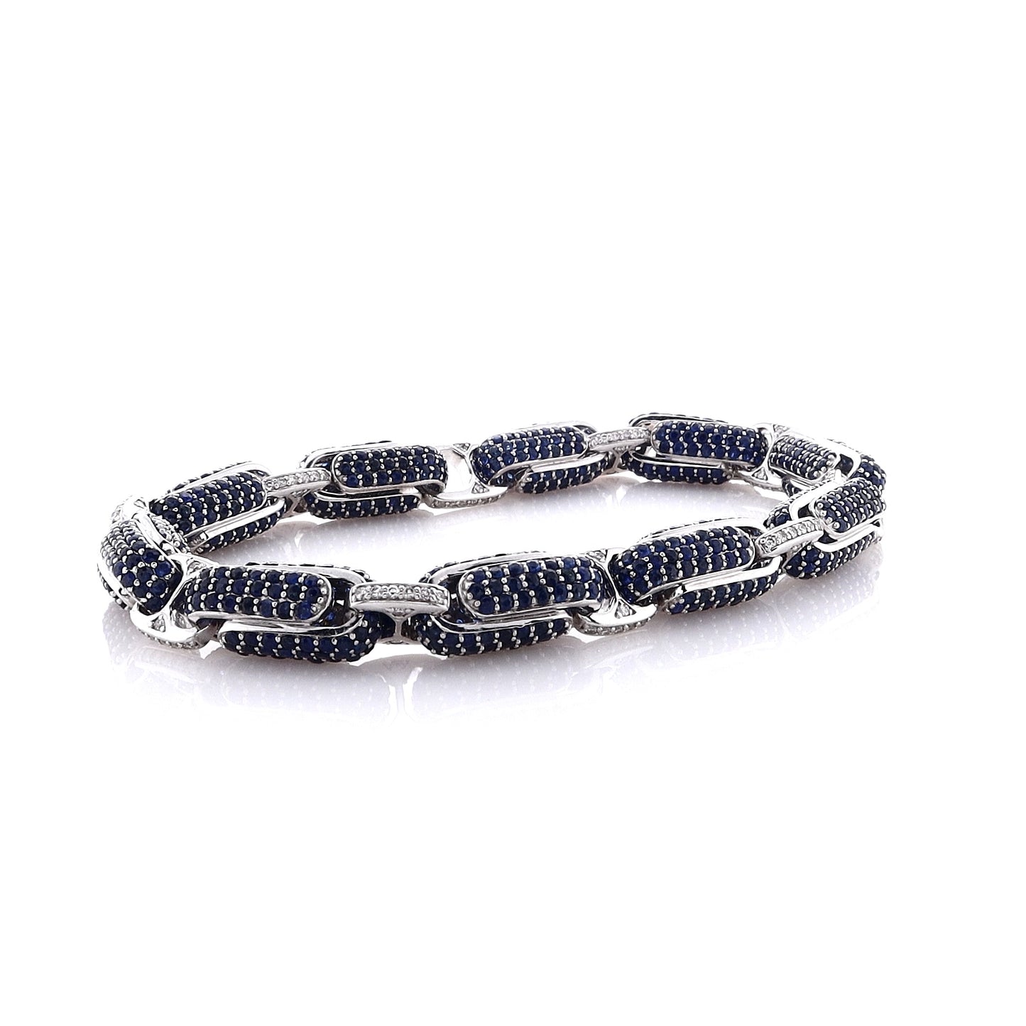 Estate 14k White Gold Link Style Sapphire Gemstone Bracelet With Diamonds on Bars