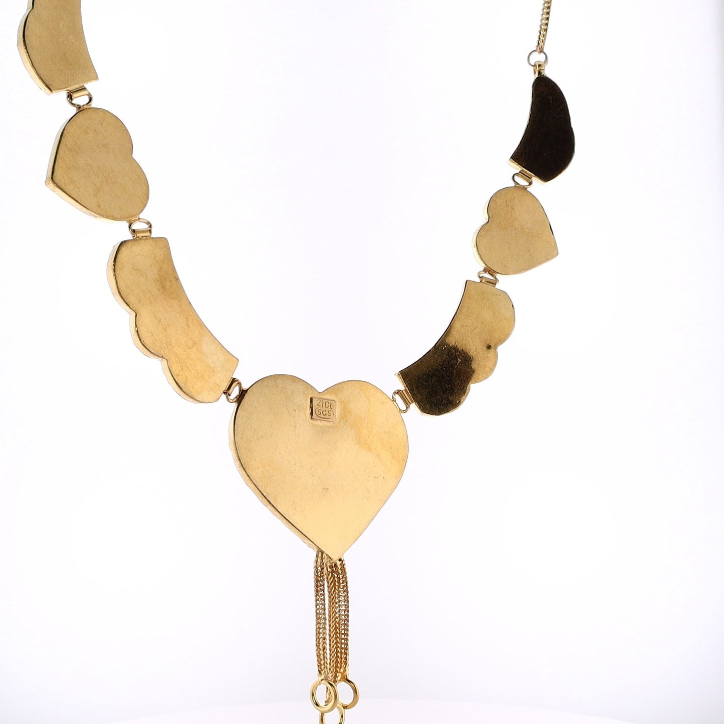 Estate 21 Karat Yellow Gold Ornate Diamond Cut Puffed Hearts with Dangle Cable Wire Necklace