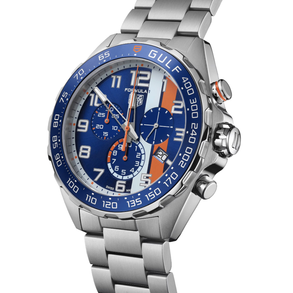 Tag Heuer Formula 1 X Gulf Quartz Chrono 43mm, Steel - Blue/Orange Dial