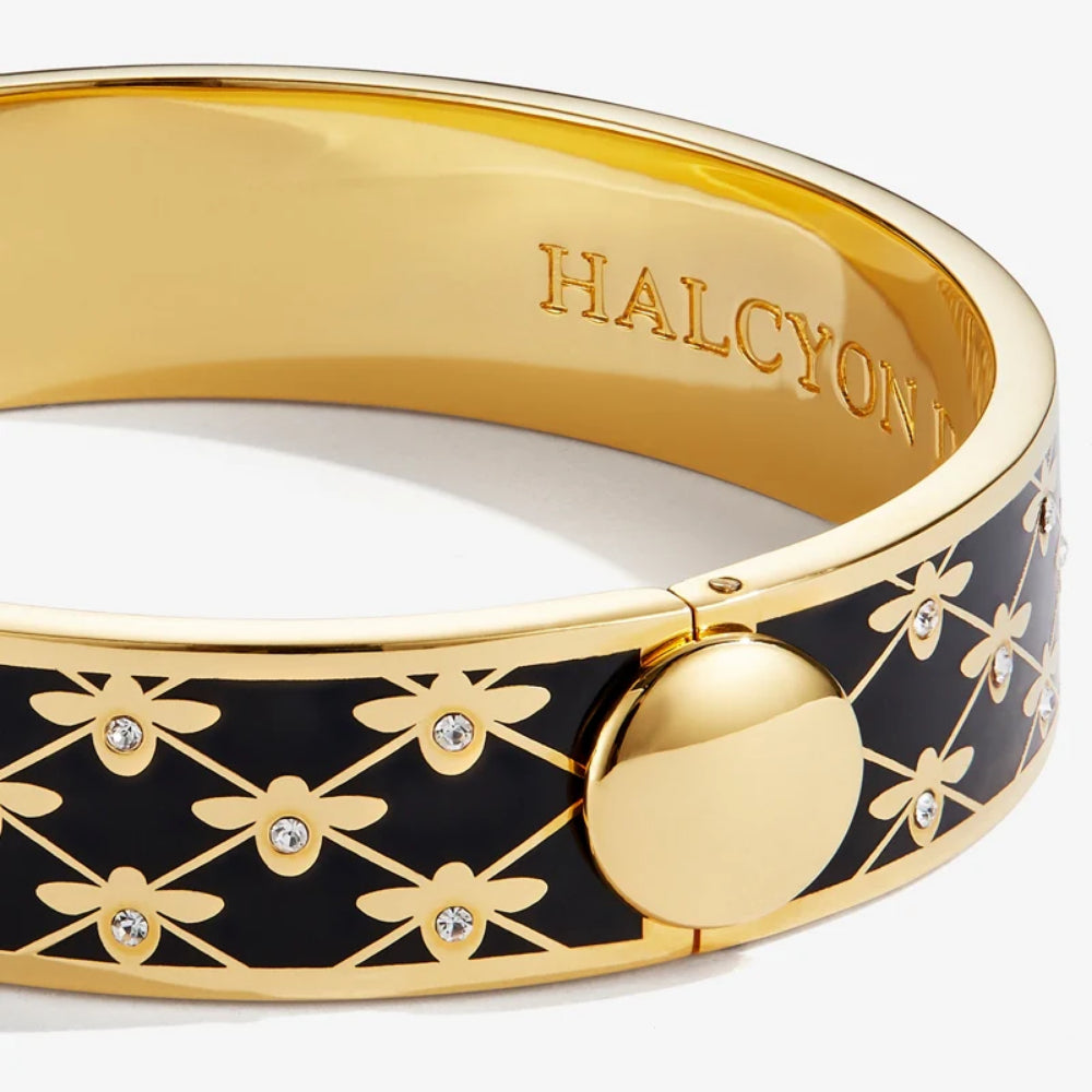 Halcyon Days 13mm Bee Sparkle Trellis Gold Hinged Enamel Bangle