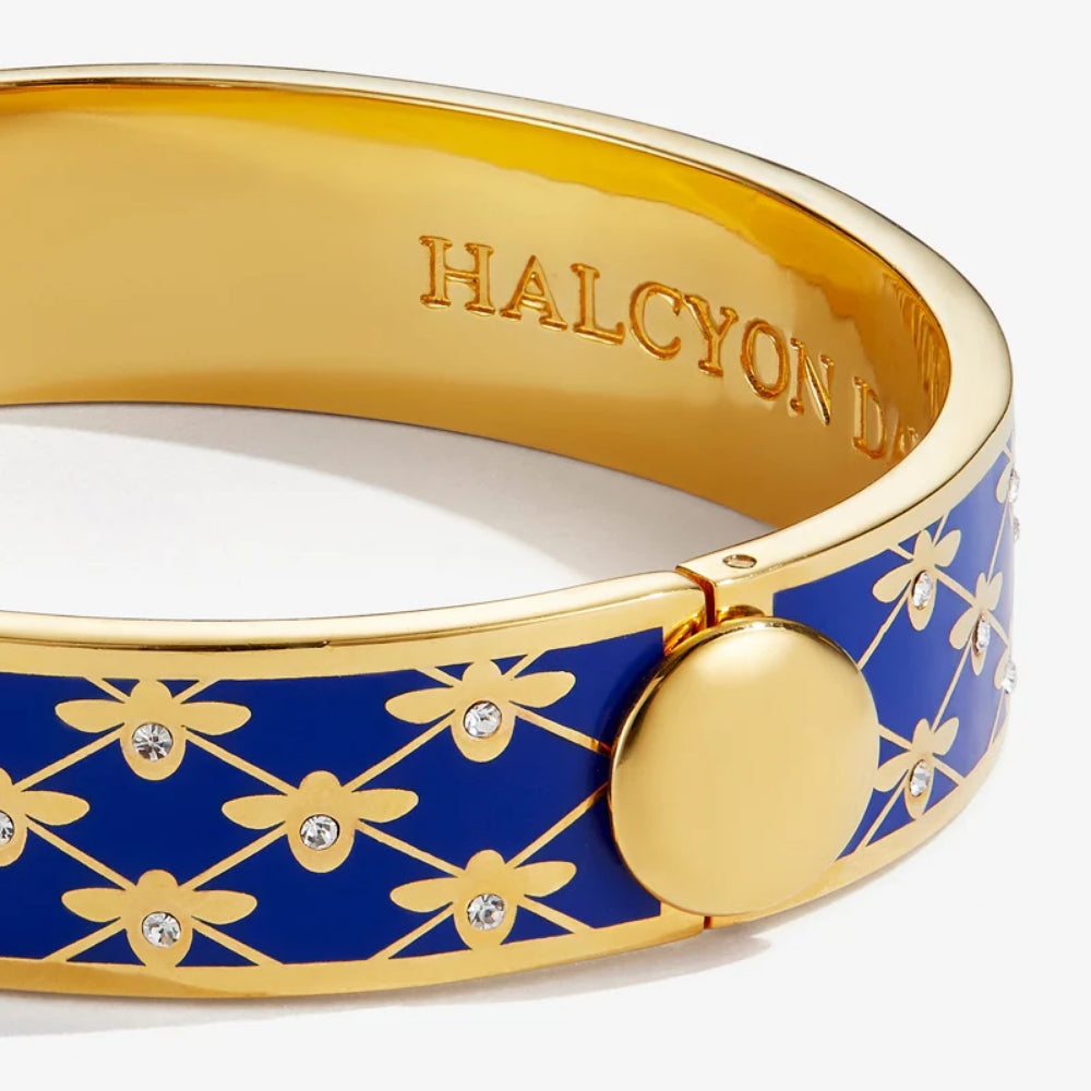 Halcyon Days 13mm Bee Sparkle Trellis Gold Hinged Enamel Bangle