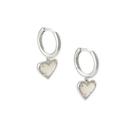 Kendra Scott Ari Heart Rhodium Huggie Earrings in Ivory Mother of Pearl